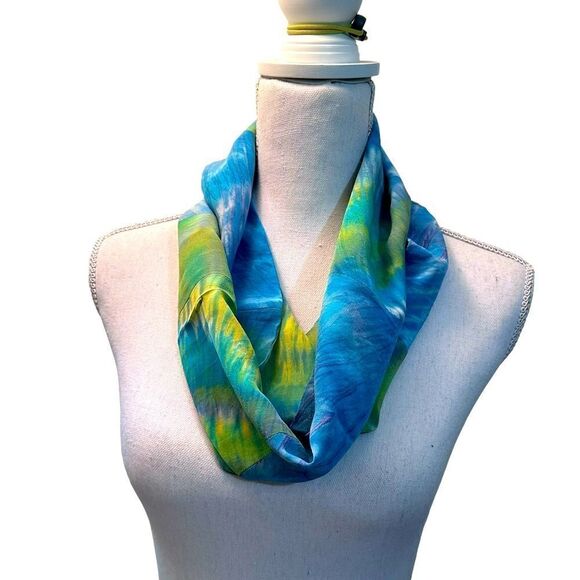 Crepe Silk Green and Blue Tie Dye Infinity scarf - Picture 1 of 11